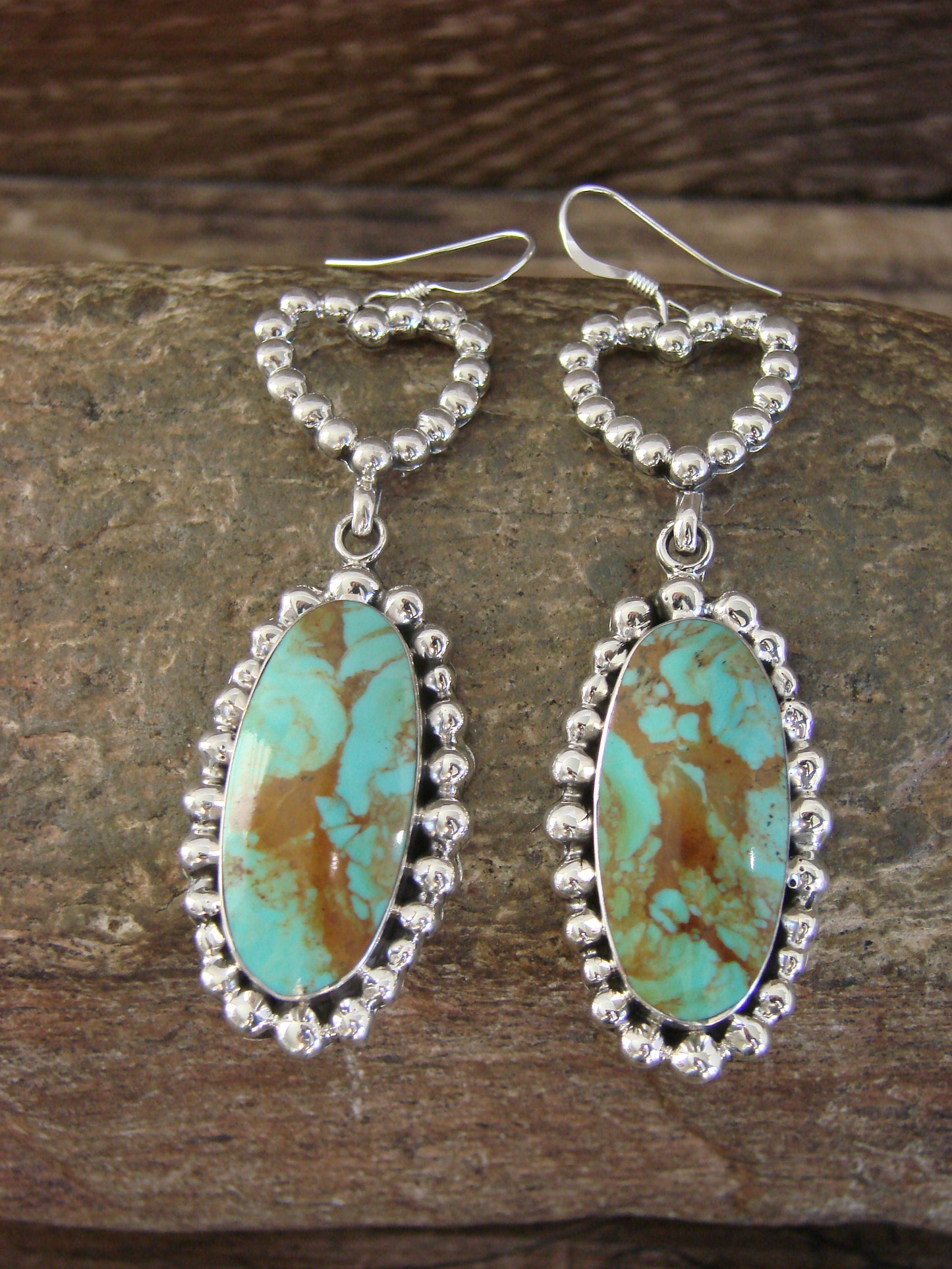 Native American Sterling Silver Turquoise Heart Dangle Earrings by Delgarito