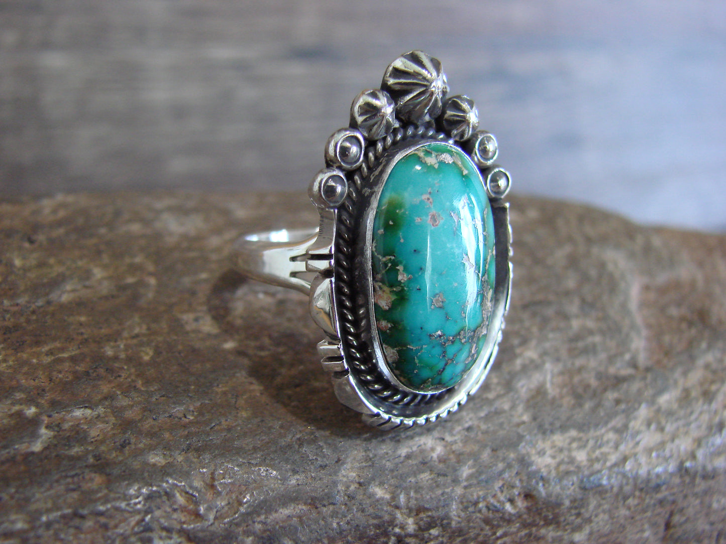 Native American Sterling Silver & Sonoran Turquoise Ring by Benally - Size 8