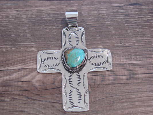 Large Native American Nickel Silver & Turquoise Cross Pendant - Cleveland