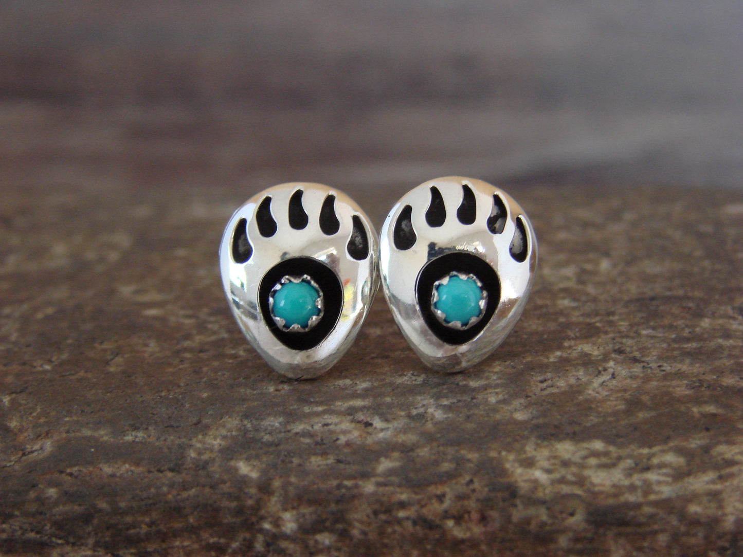Navajo Indian Sterling Silver & Turquoise Bear Paw Stud Post Earrings