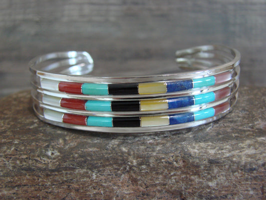 Native American Sterling Silver Multi Stone Inlay Row Bracelet - Wallace