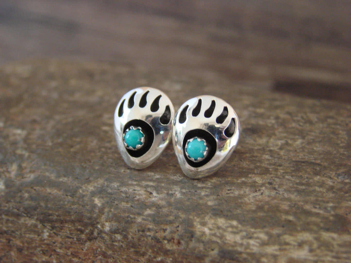 Navajo Indian Sterling Silver & Turquoise Bear Paw Stud Post Earrings