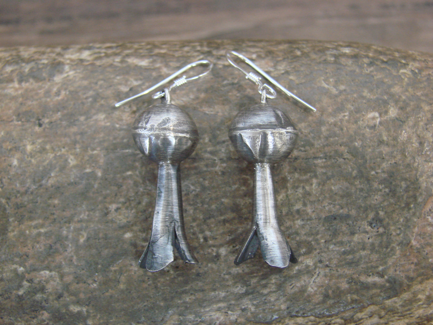 Native American Sterling Silver Squash Blossom Dangle Earrings - Tsosie