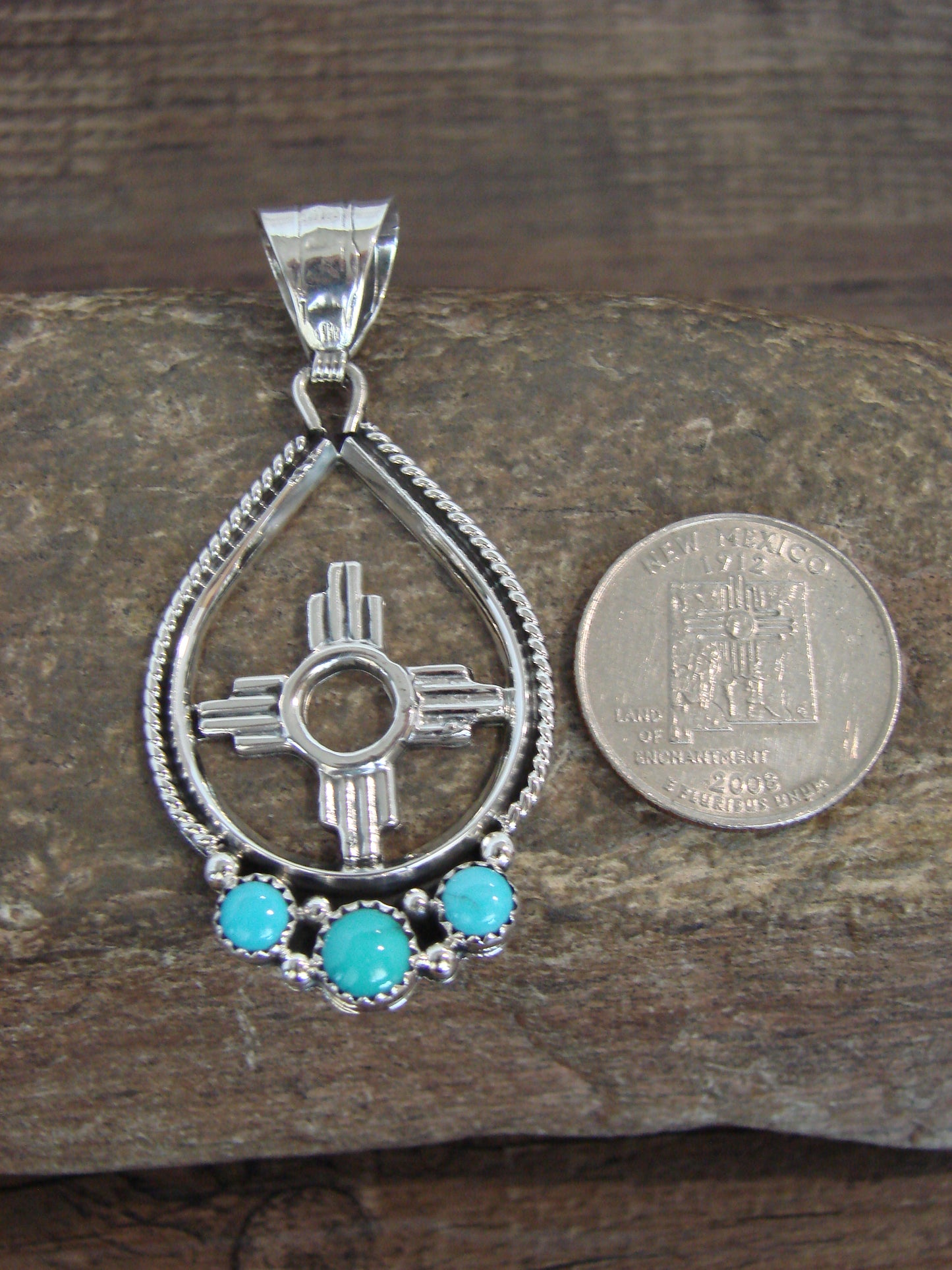 Native American Sterling Silver & Turquoise Zia Pendant Signed Garcia