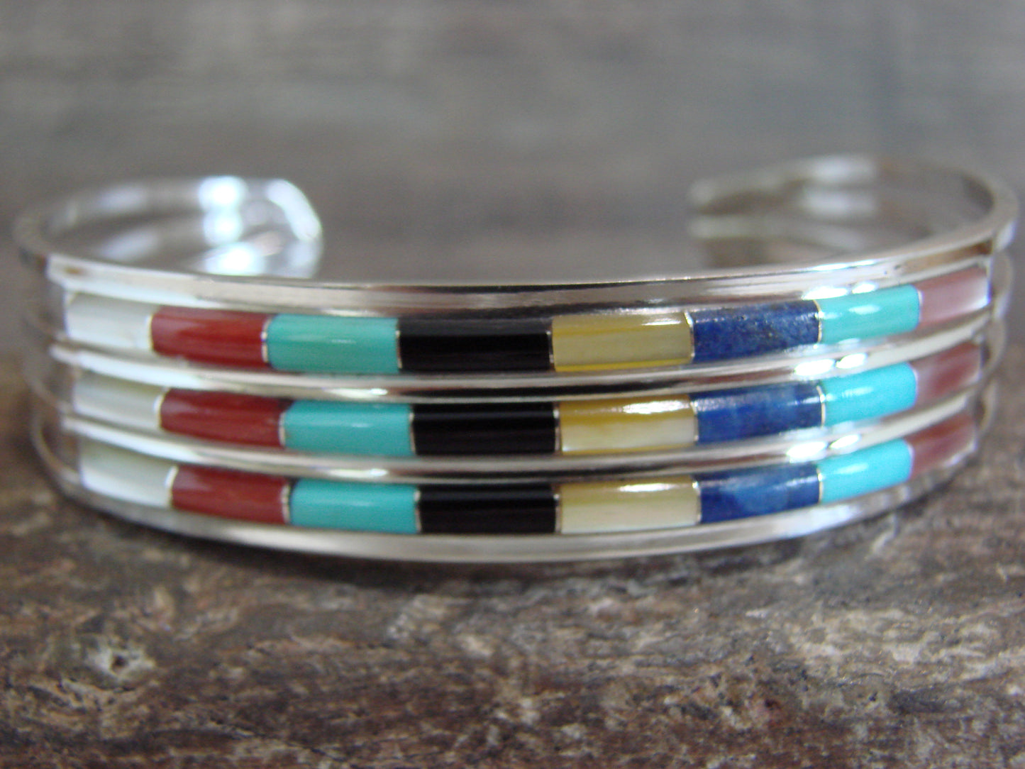Native American Sterling Silver Multi Stone Inlay Row Bracelet - Wallace