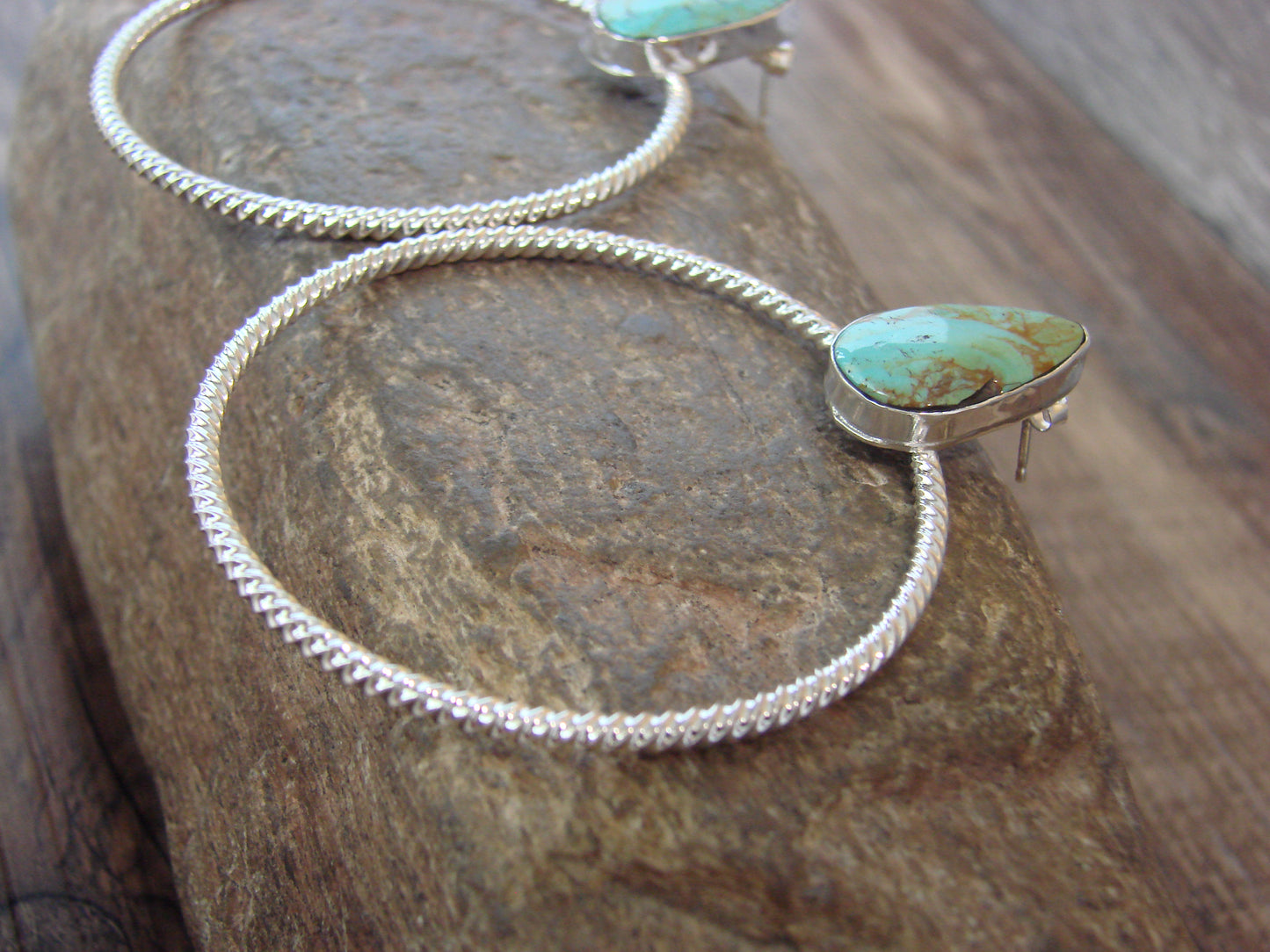 Native American Sterling Silver & Turquoise Hoop Post Earrings - Betone