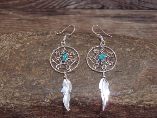 Native American Sterling Silver & Turquoise Dream Catcher Dangle Earrings - Arviso