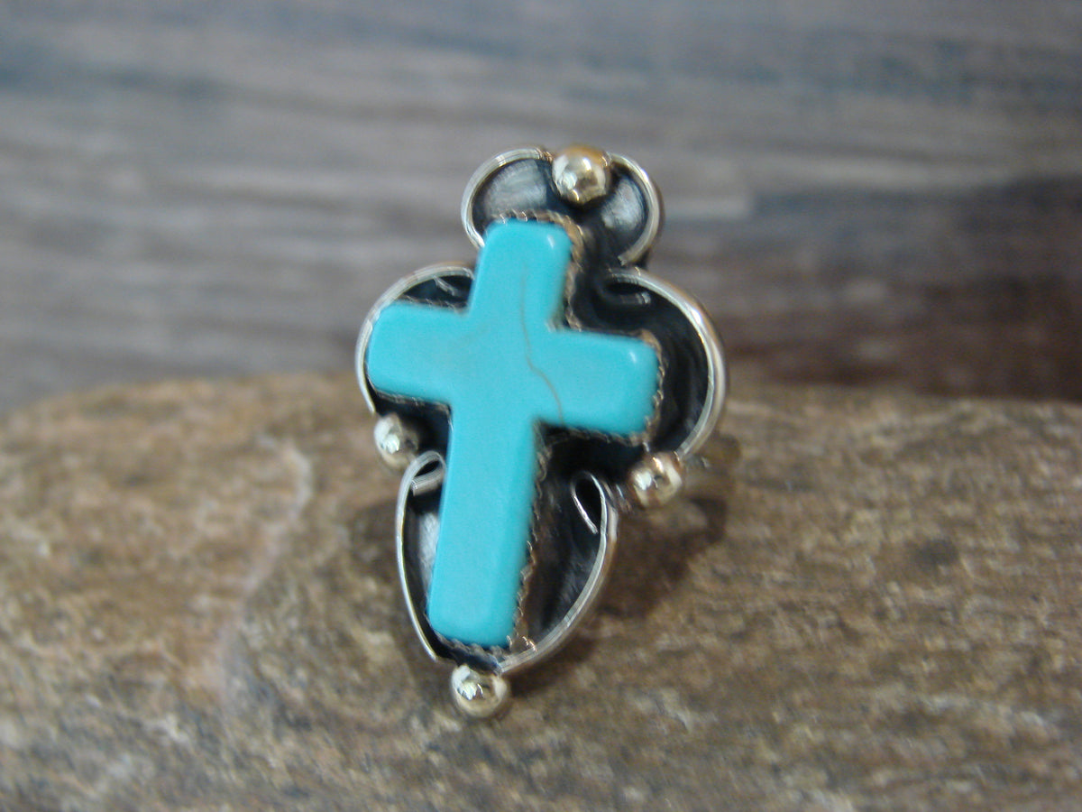 Native American Nickel Silver & Turquoise Cross Ring by Tolta - Size 7