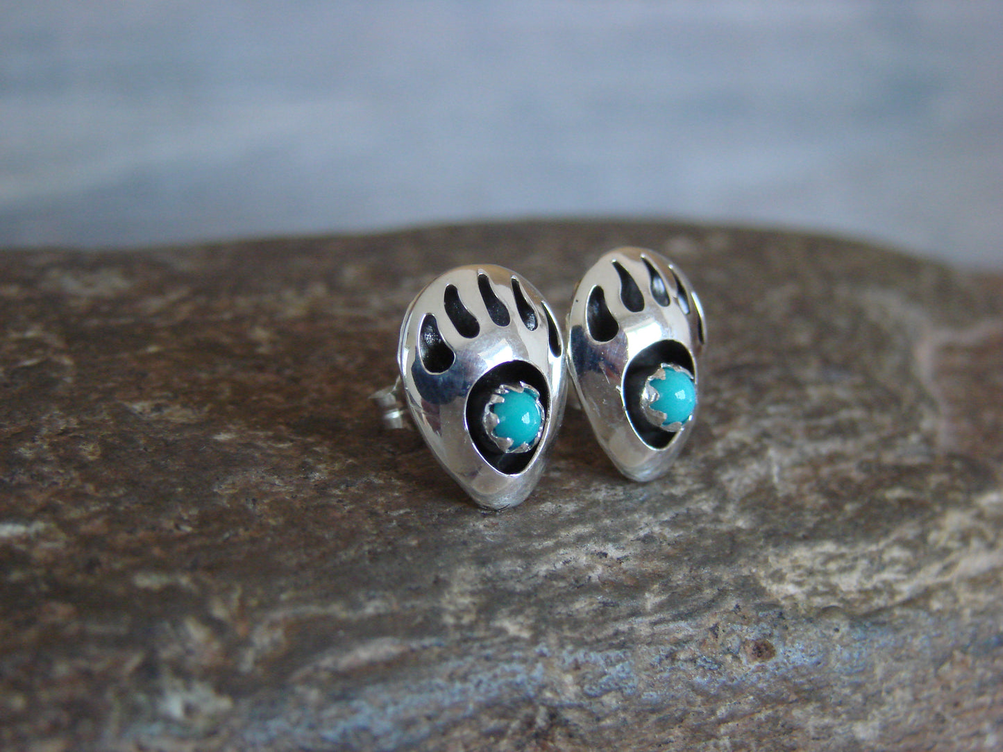 Navajo Indian Sterling Silver & Turquoise Bear Paw Stud Post Earrings