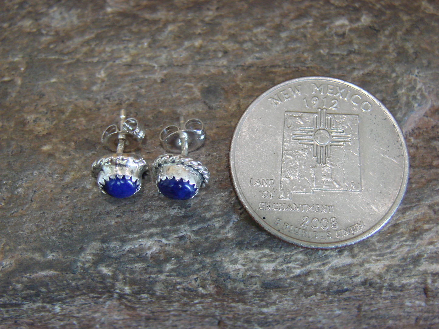 Native American Sterling Silver 1/4" Round Lapis Post Earrings by White