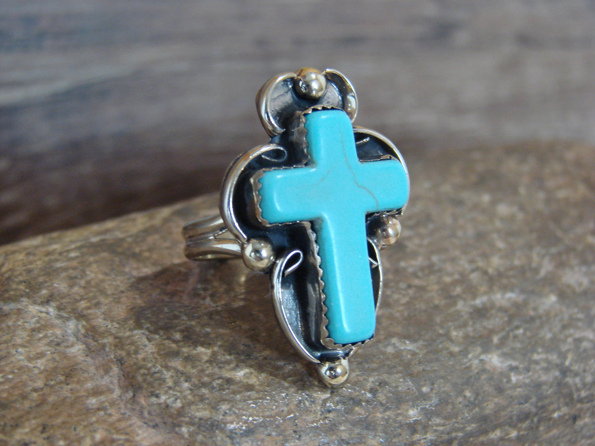 Native American Nickel Silver & Turquoise Cross Ring by Tolta - Size 7