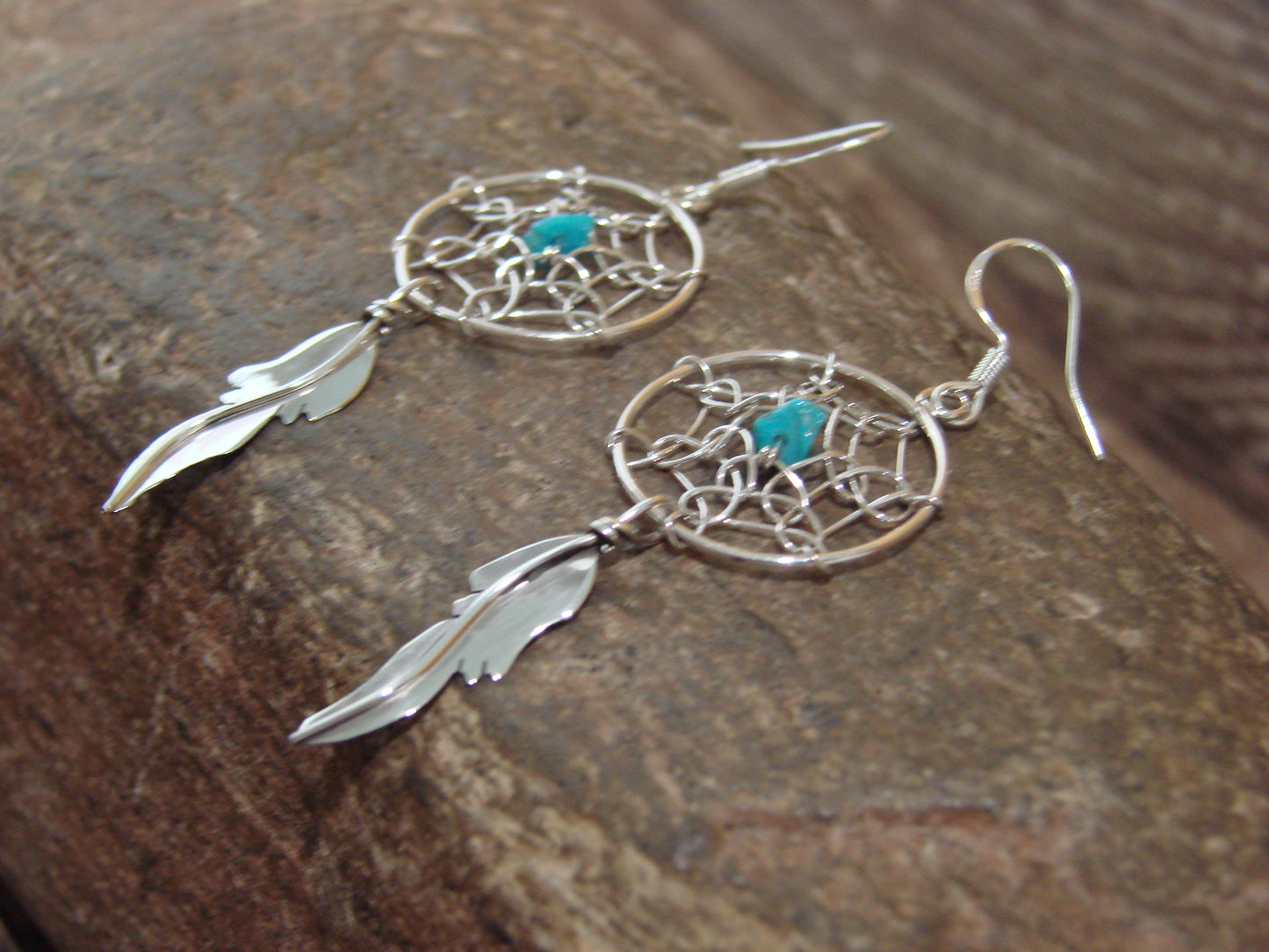 Native American Sterling Silver & Turquoise Dream Catcher Dangle Earrings - Arviso