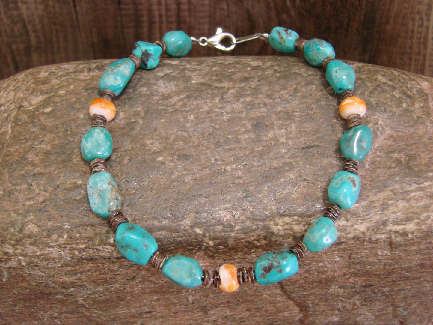 Native American Sterling Silver Turquoise & Spiny Oyster Nugget Stone Bracelet by Coriz