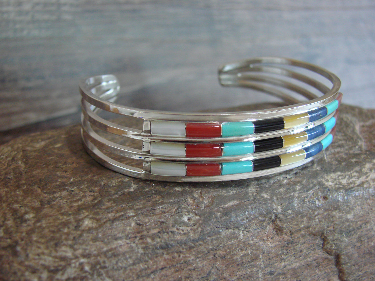 Native American Sterling Silver Multi Stone Inlay Row Bracelet - Wallace
