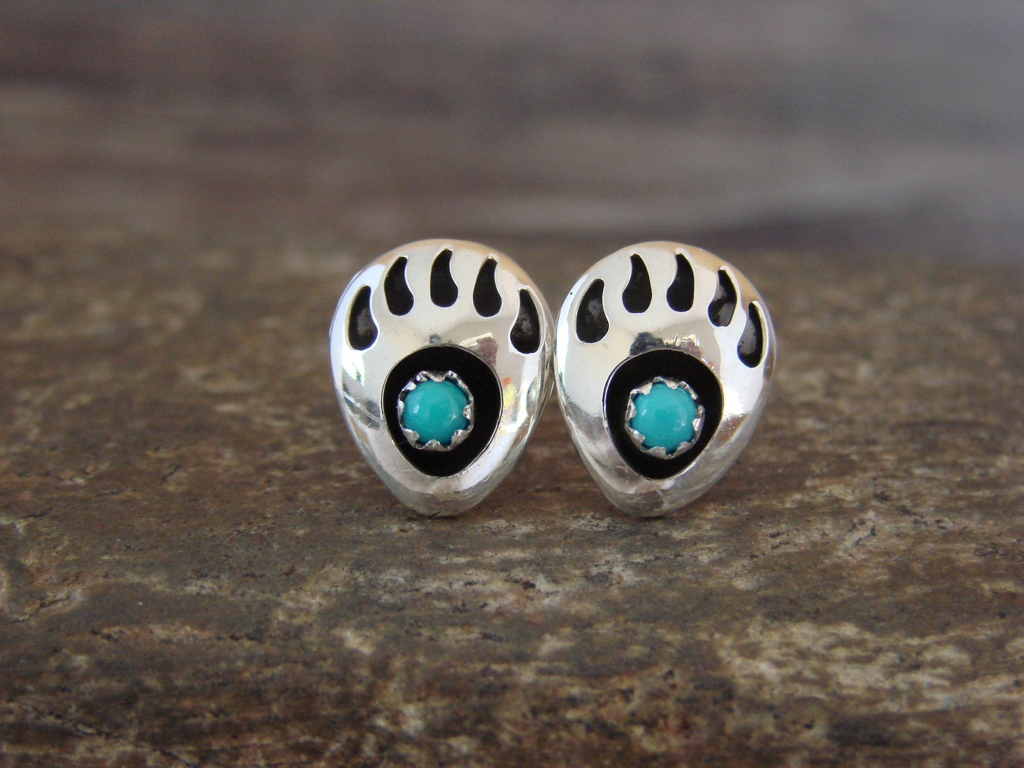 Navajo Indian Sterling Silver & Turquoise Bear Paw Stud Post Earrings