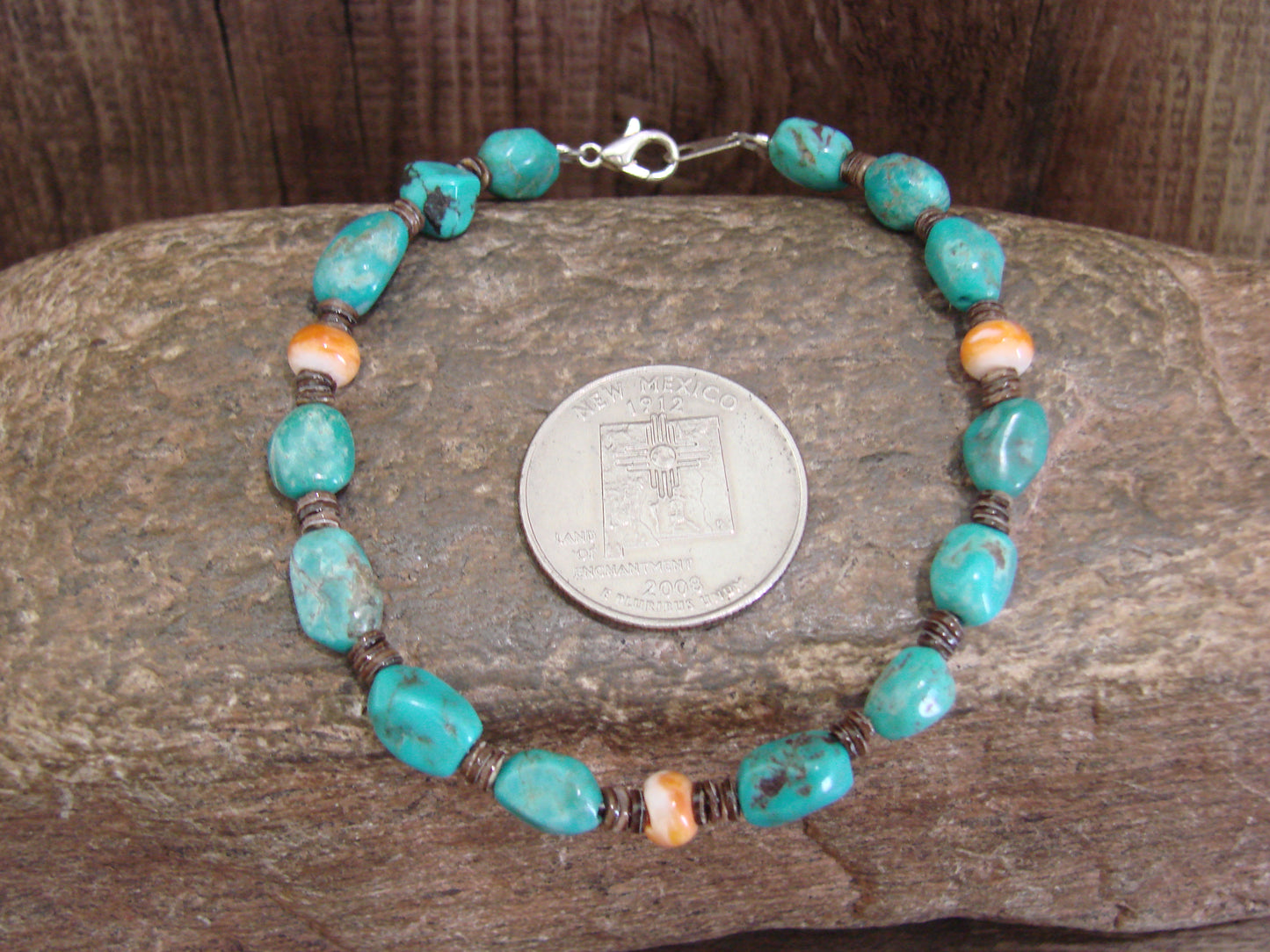 Native American Sterling Silver Turquoise & Spiny Oyster Nugget Stone Bracelet by Coriz