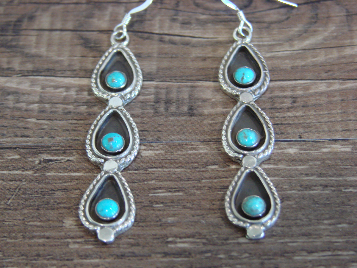 Native American Sterling Silver Shadowbox Turquoise Dangle Earrings - Yazzie