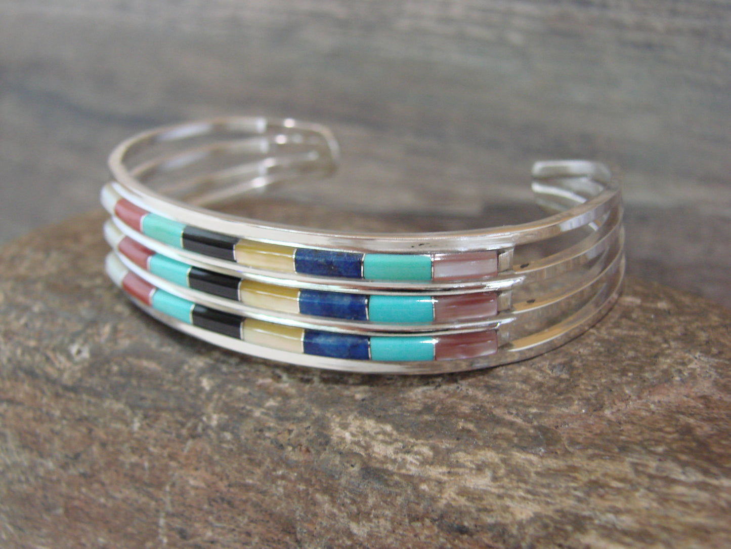 Native American Sterling Silver Multi Stone Inlay Row Bracelet - Wallace