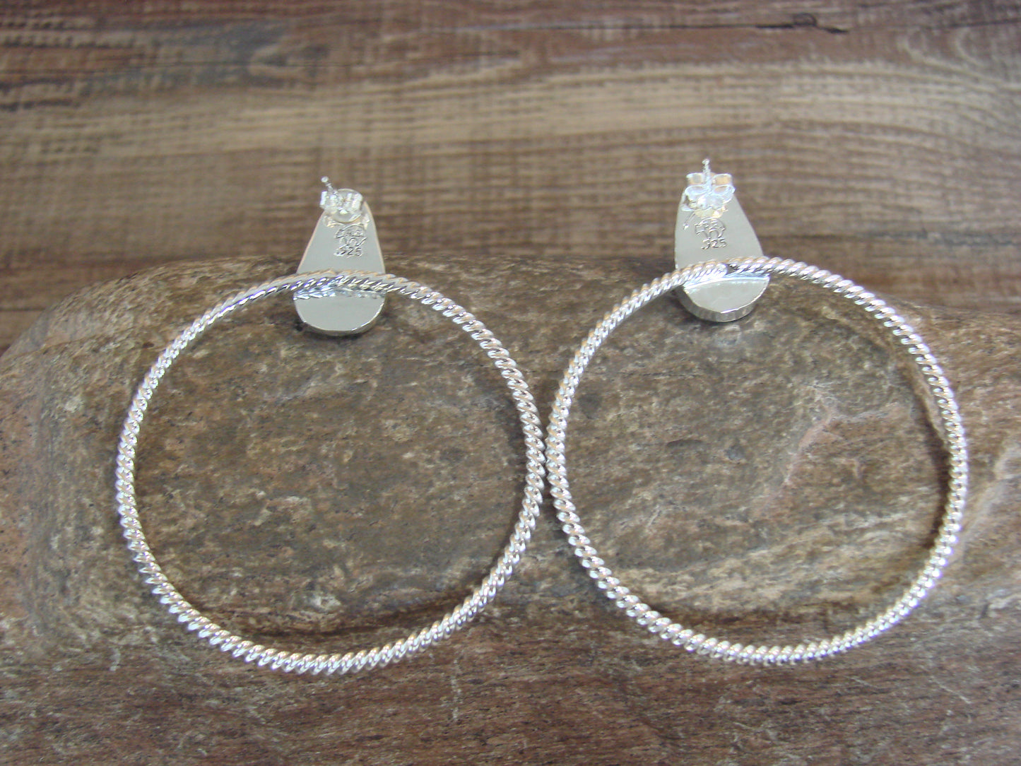 Native American Sterling Silver & Turquoise Hoop Post Earrings - Betone