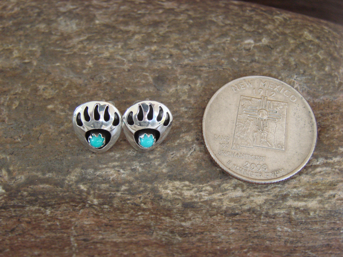 Navajo Indian Sterling Silver & Turquoise Bear Paw Stud Post Earrings