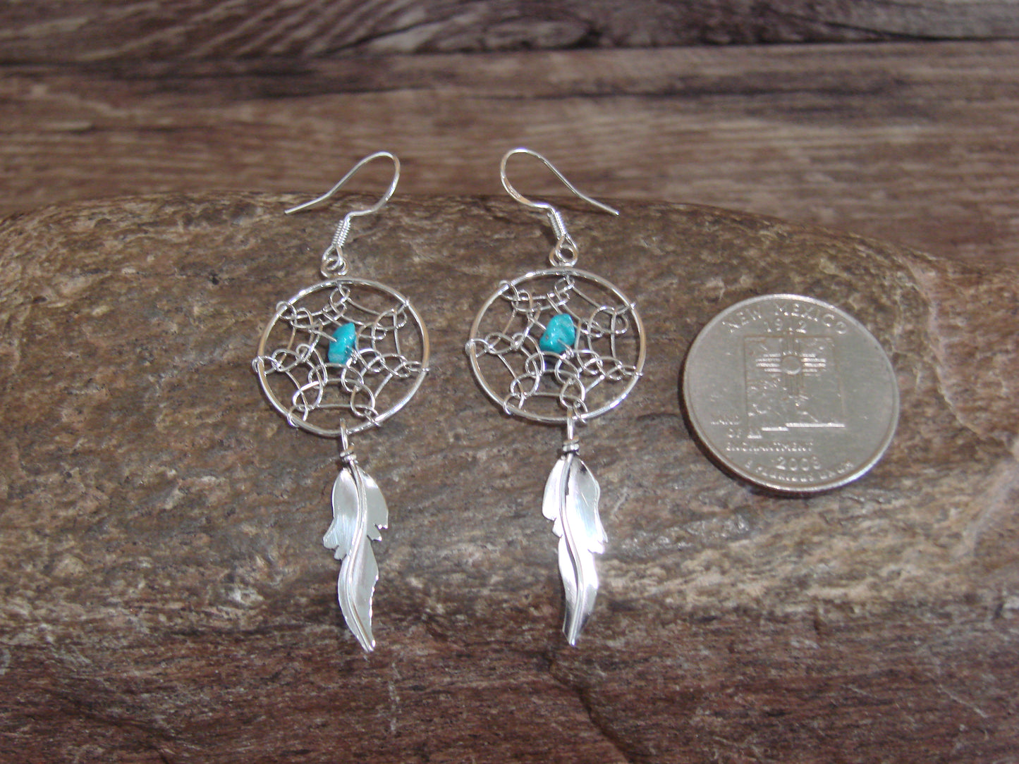 Native American Sterling Silver & Turquoise Dream Catcher Dangle Earrings - Arviso