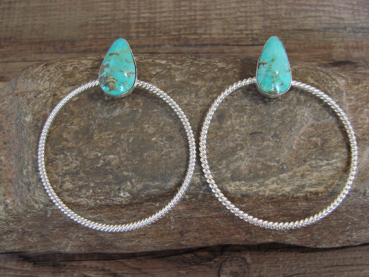Native American Sterling Silver & Turquoise Hoop Post Earrings - Betone