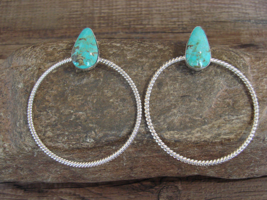 Native American Sterling Silver & Turquoise Hoop Post Earrings - Betone