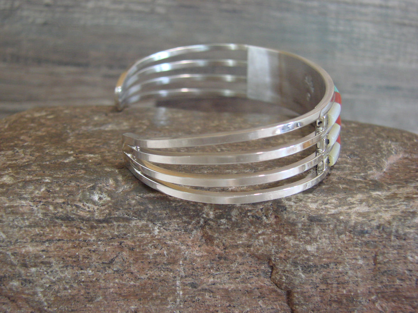 Native American Sterling Silver Multi Stone Inlay Row Bracelet - Wallace