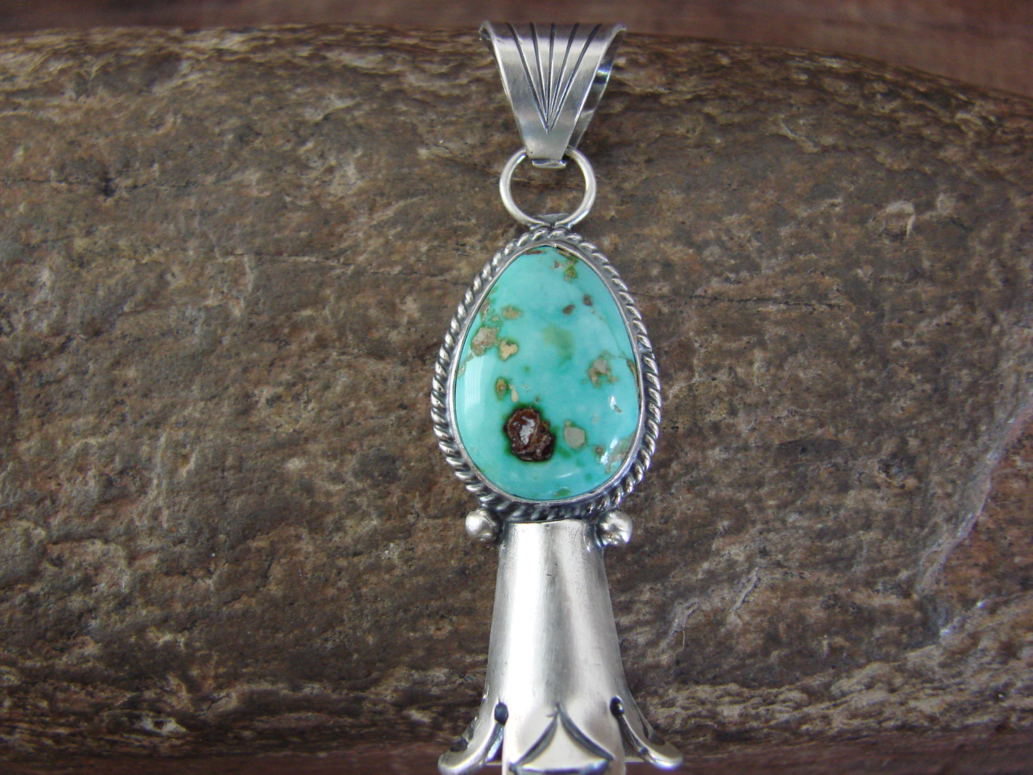 Native American Sterling Silver & Turquoise Squash Blossom Pendant by Betone