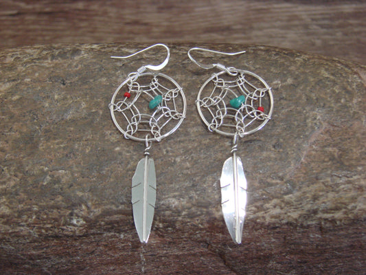 Native American Sterling Silver Turquoise & Coral Dream Catcher Dangle Earrings - Arviso