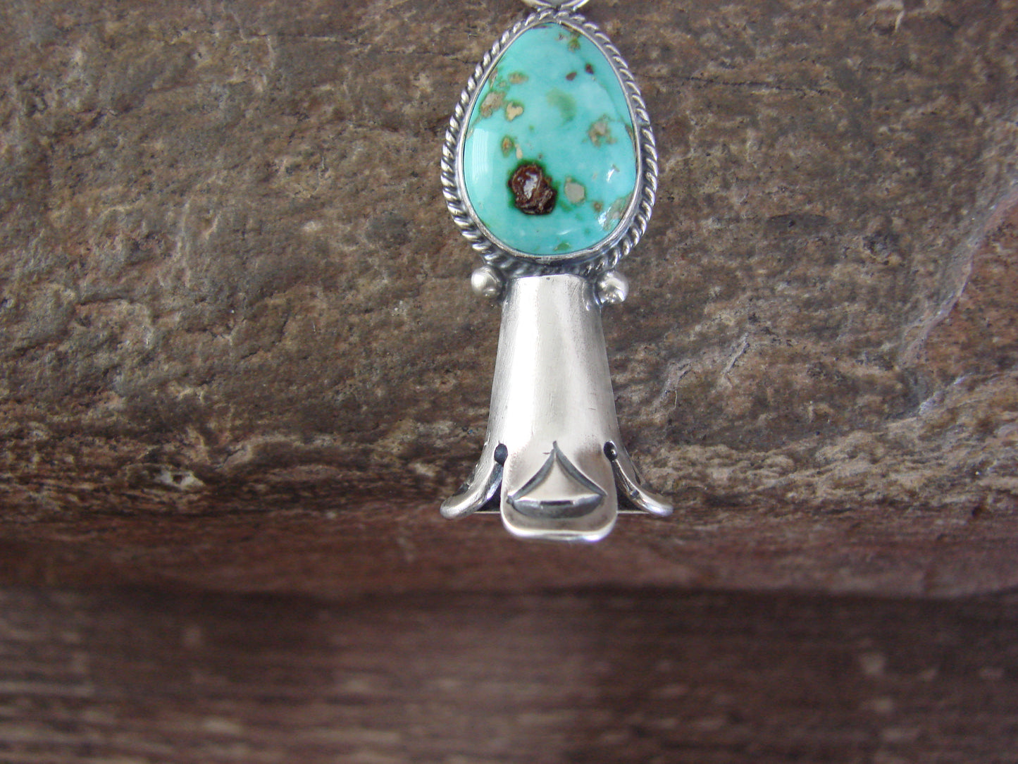 Native American Sterling Silver & Turquoise Squash Blossom Pendant by Betone