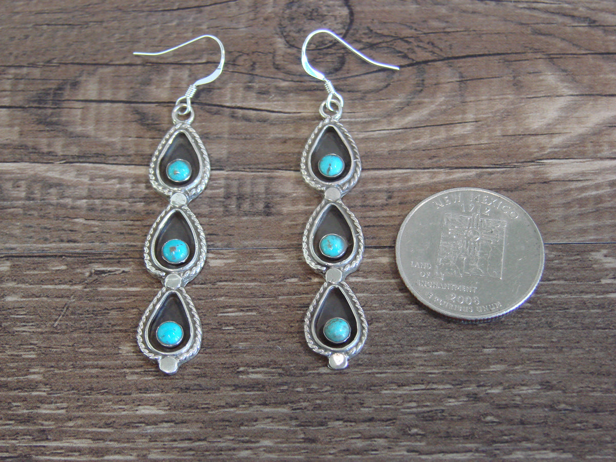 Native American Sterling Silver Shadowbox Turquoise Dangle Earrings - Yazzie