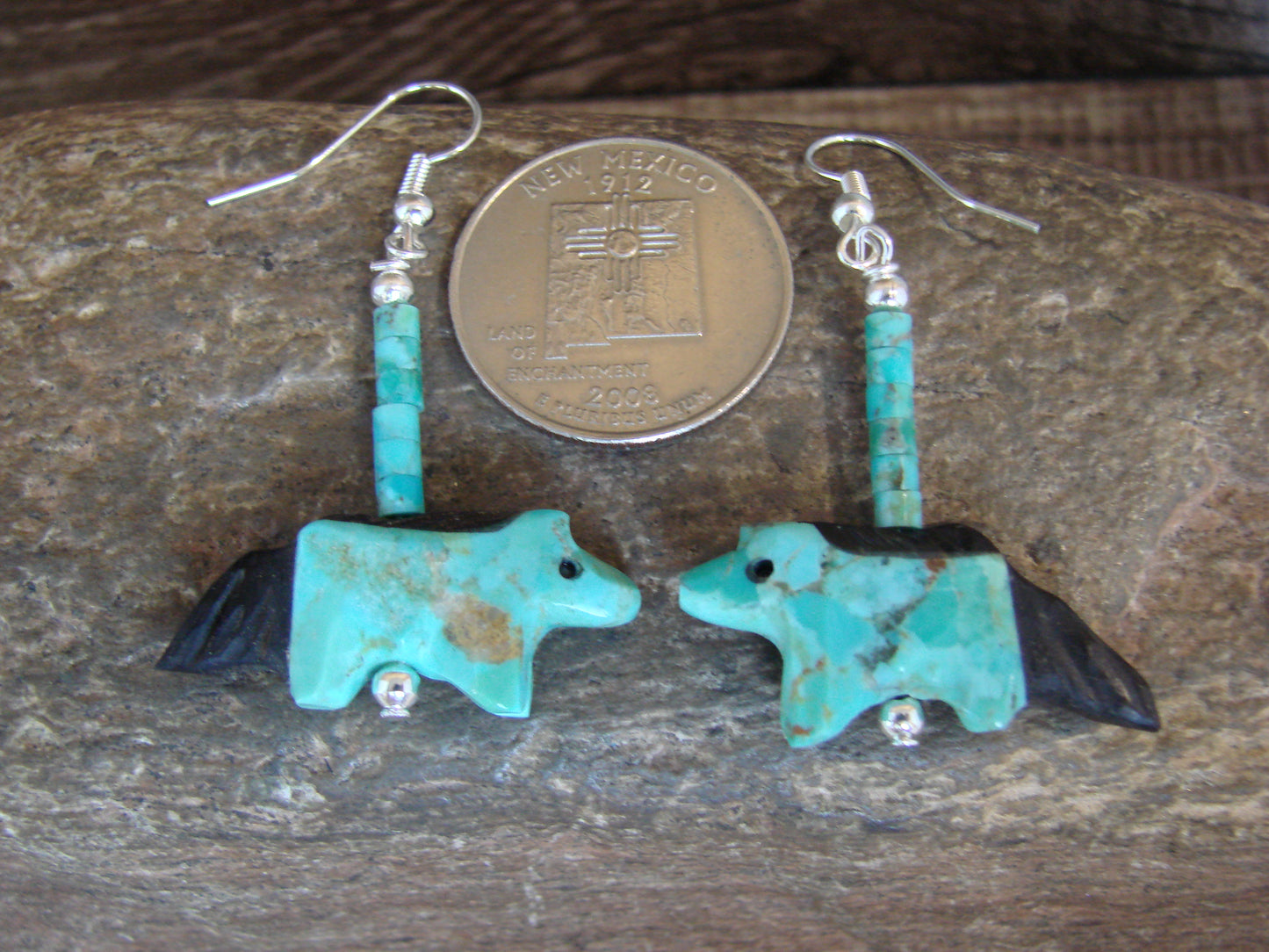 Hand Carved Turquoise Horse Fetish Dangle Earrings by Mitchell