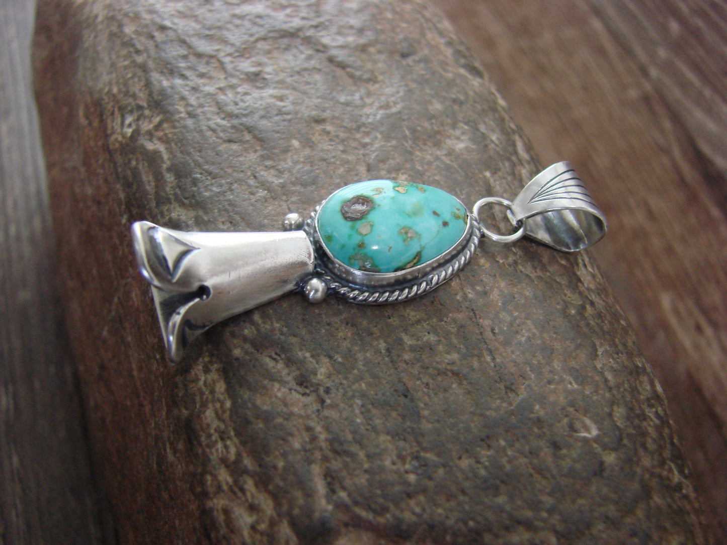 Native American Sterling Silver & Turquoise Squash Blossom Pendant by Betone