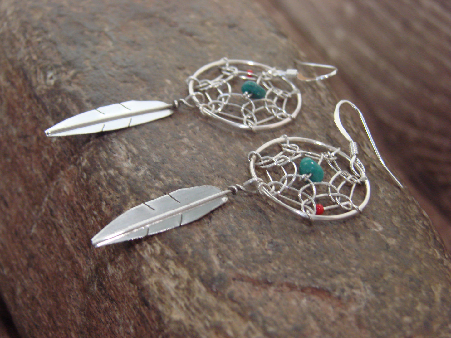 Native American Sterling Silver Turquoise & Coral Dream Catcher Dangle Earrings - Arviso