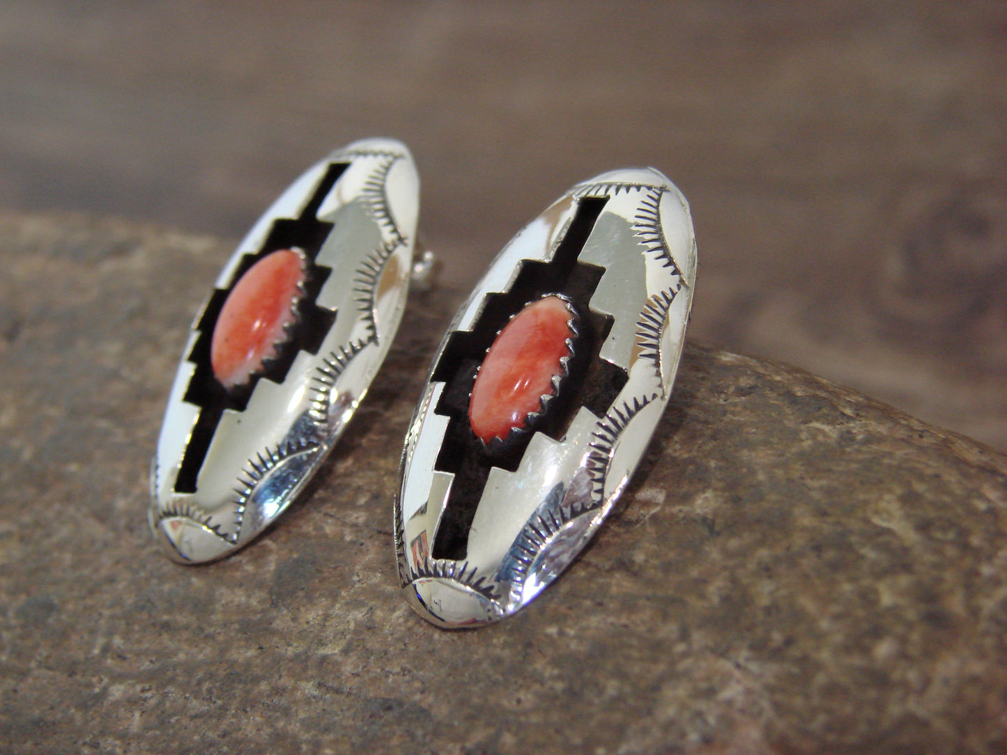 Native American Sterling Silver & Spiny Oyster Shadowbox Post Earrings - Perry