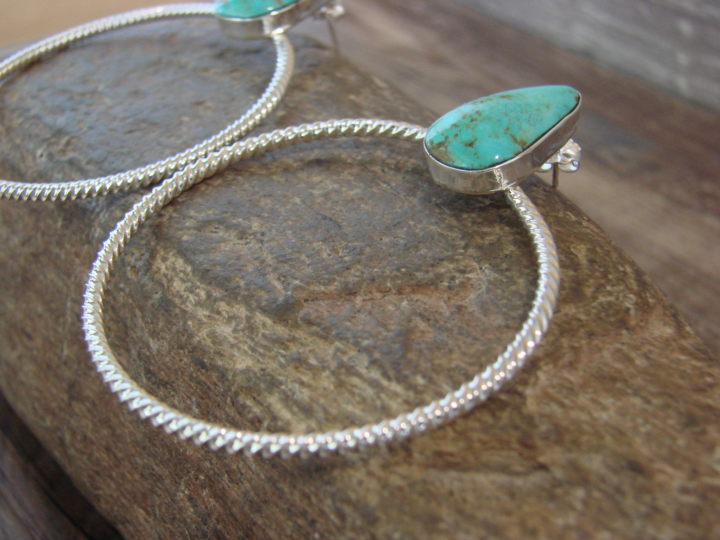 Native American Sterling Silver & Turquoise Hoop Post Earrings - Betone