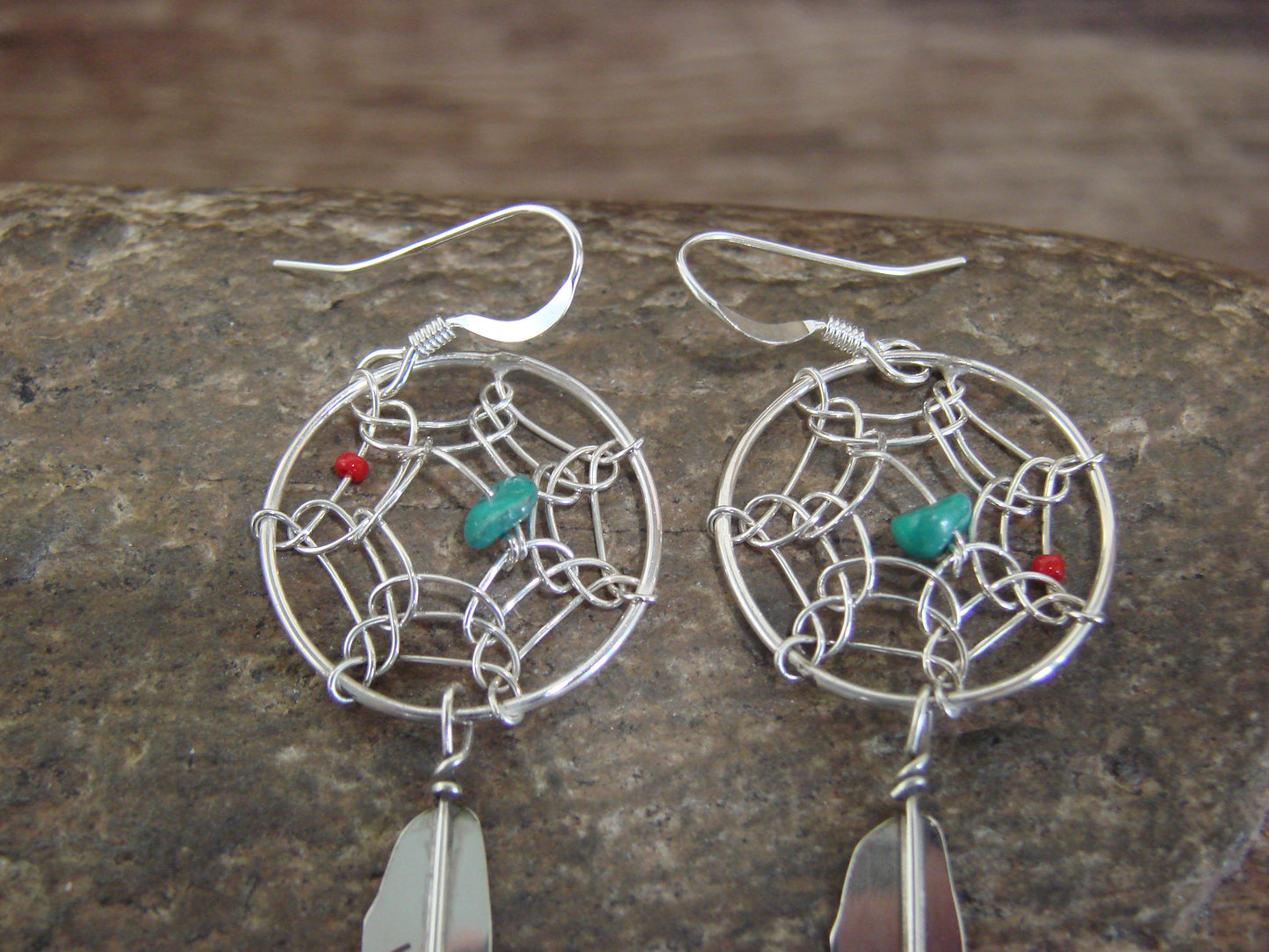 Native American Sterling Silver Turquoise & Coral Dream Catcher Dangle Earrings - Arviso
