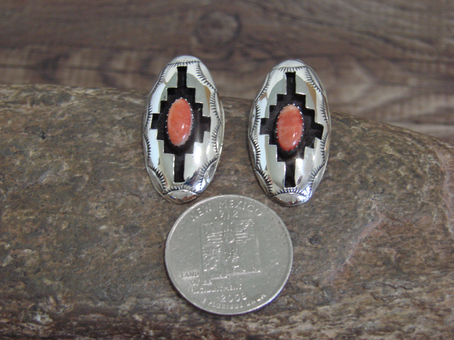 Native American Sterling Silver & Spiny Oyster Shadowbox Post Earrings - Perry