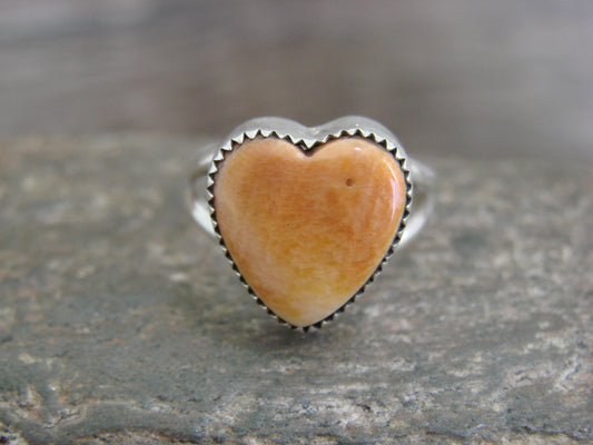 Native American Sterling Silver & Spiny Oyster Heart Ring by P. Smith - Size 8