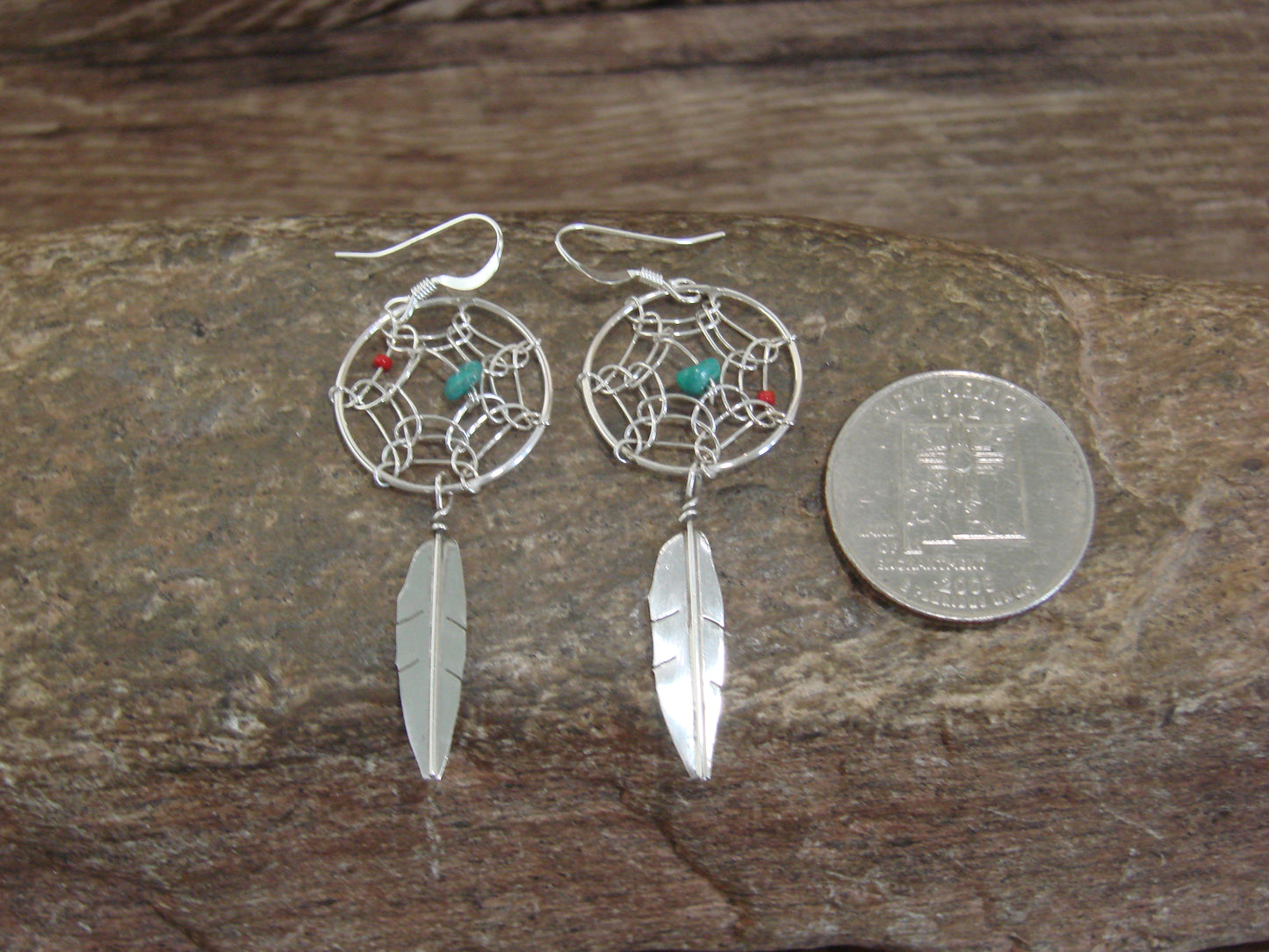 Native American Sterling Silver Turquoise & Coral Dream Catcher Dangle Earrings - Arviso