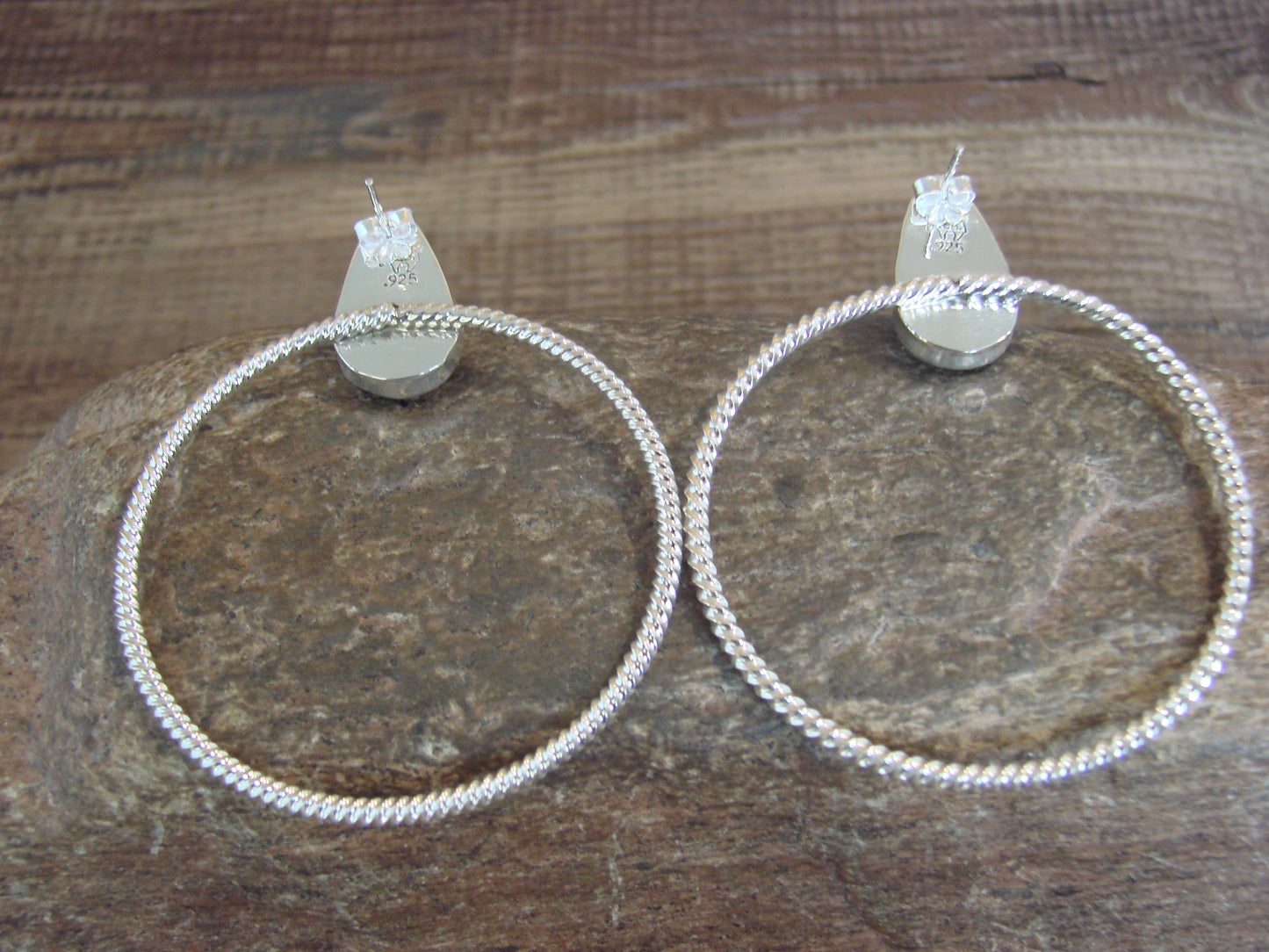 Native American Sterling Silver & Turquoise Hoop Post Earrings - Betone