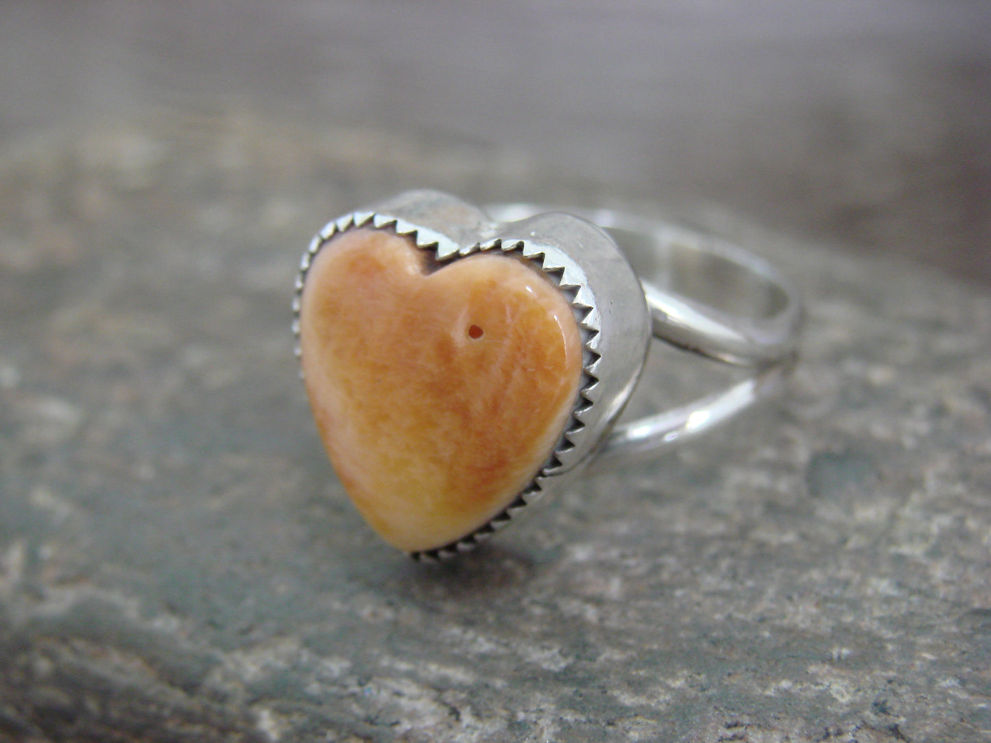 Native American Sterling Silver & Spiny Oyster Heart Ring by P. Smith - Size 8