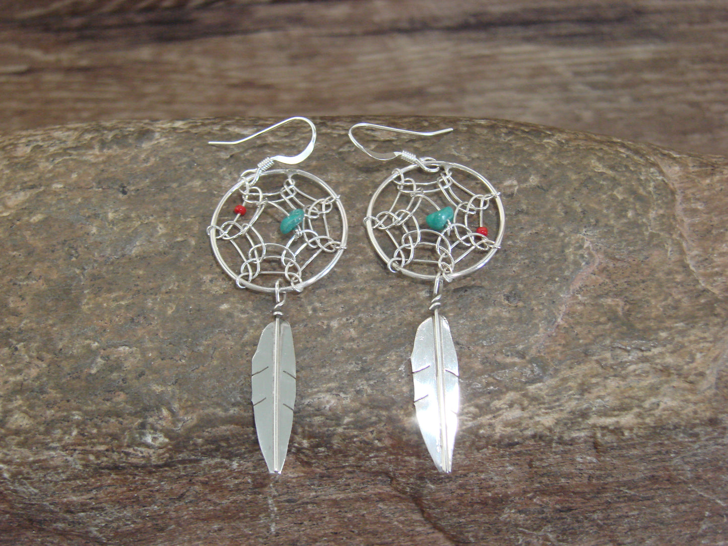 Native American Sterling Silver Turquoise & Coral Dream Catcher Dangle Earrings - Arviso