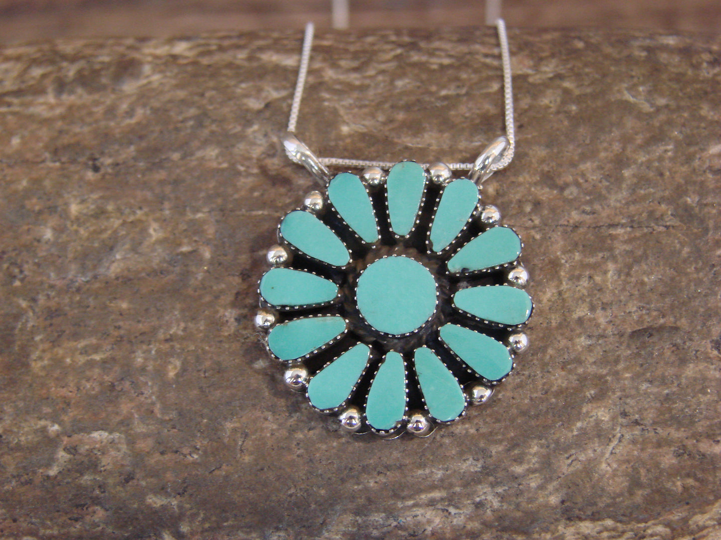 Native American 20" Sterling Silver & Turquoise Cluster Necklace by Garcia