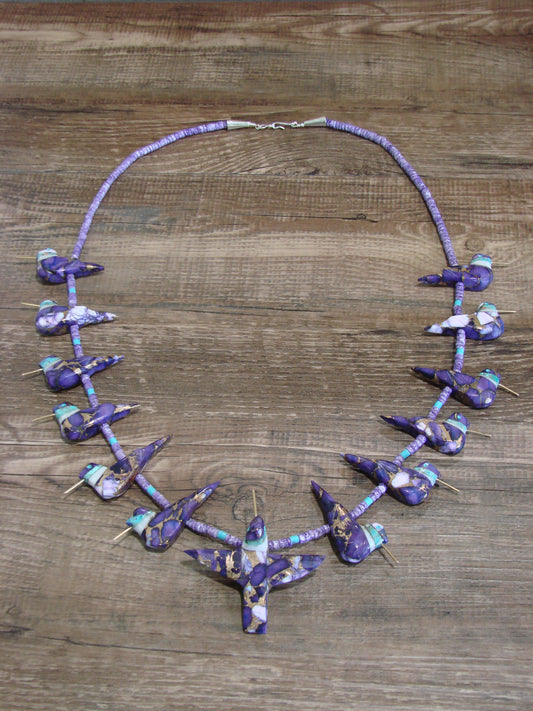 Hand Carved Bronze Purple Turquoise Aggregate  Hummingbird Fetish Necklace - Mitchell