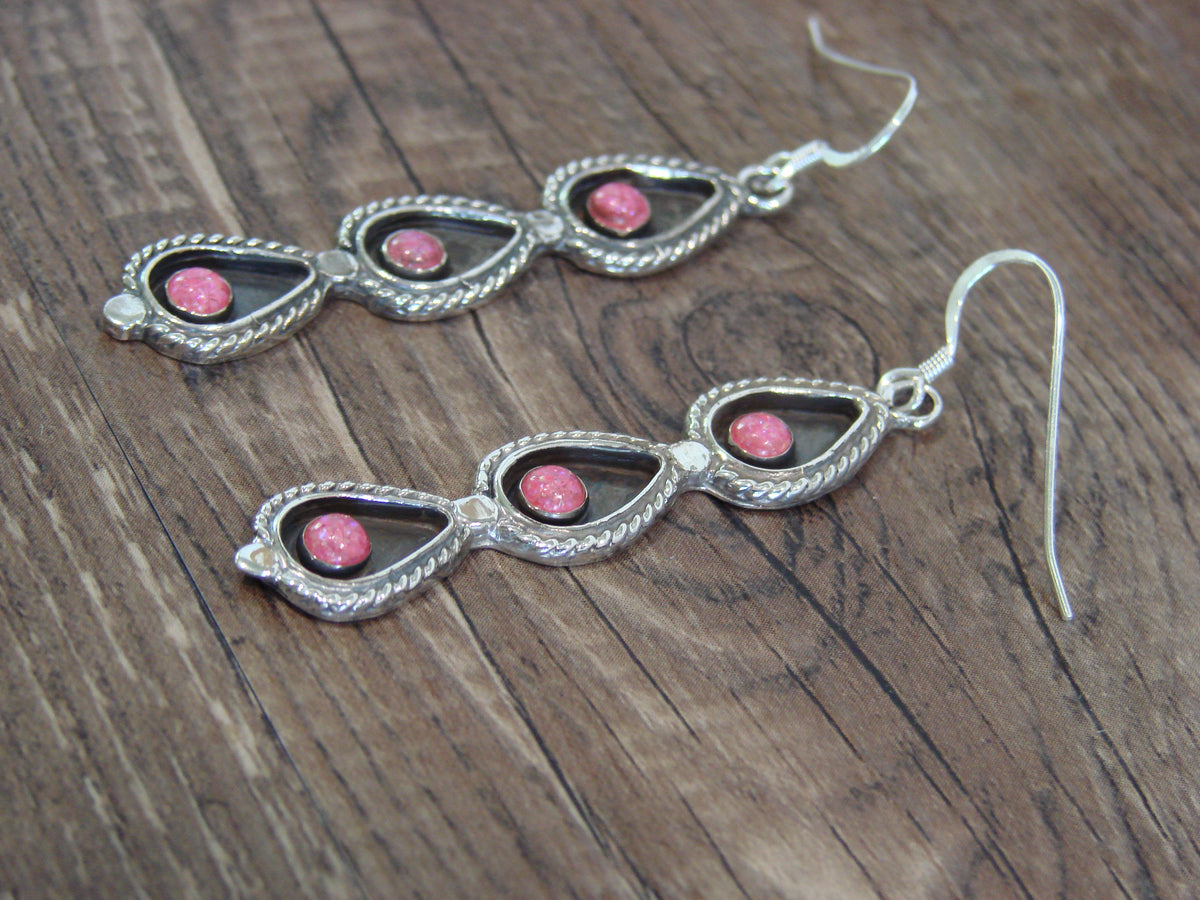 Native American Sterling Silver Pink Opal Dangle Earrings - Yazzie