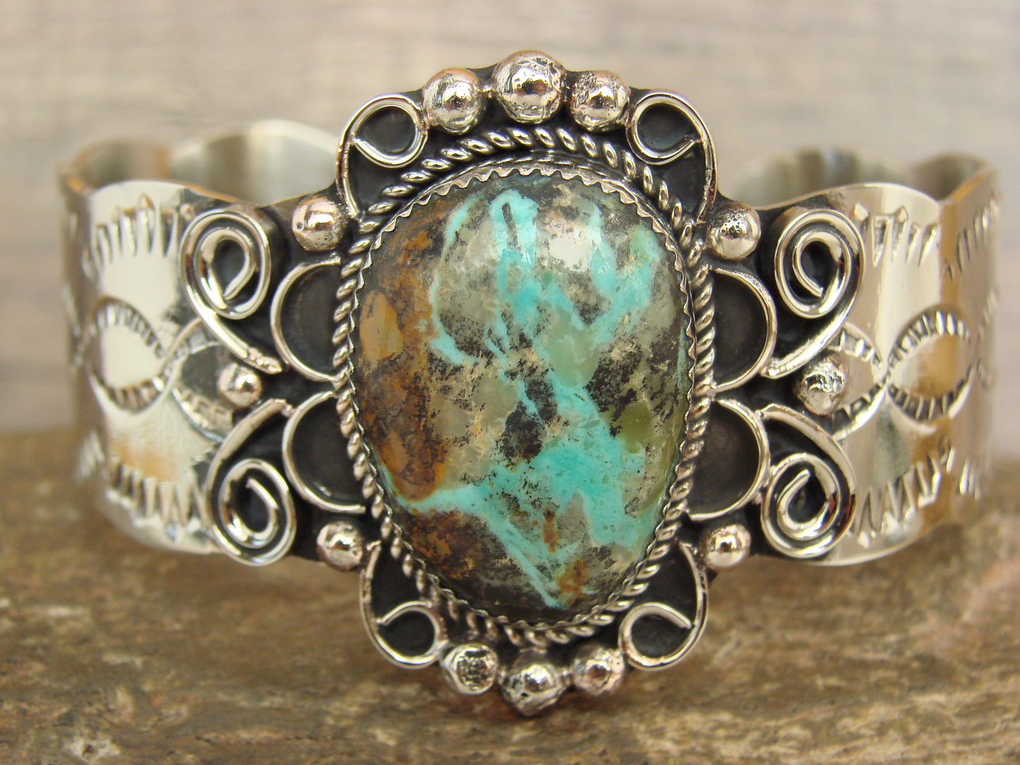 Native American Nickel Silver & Turquoise Bracelet by Cleveland