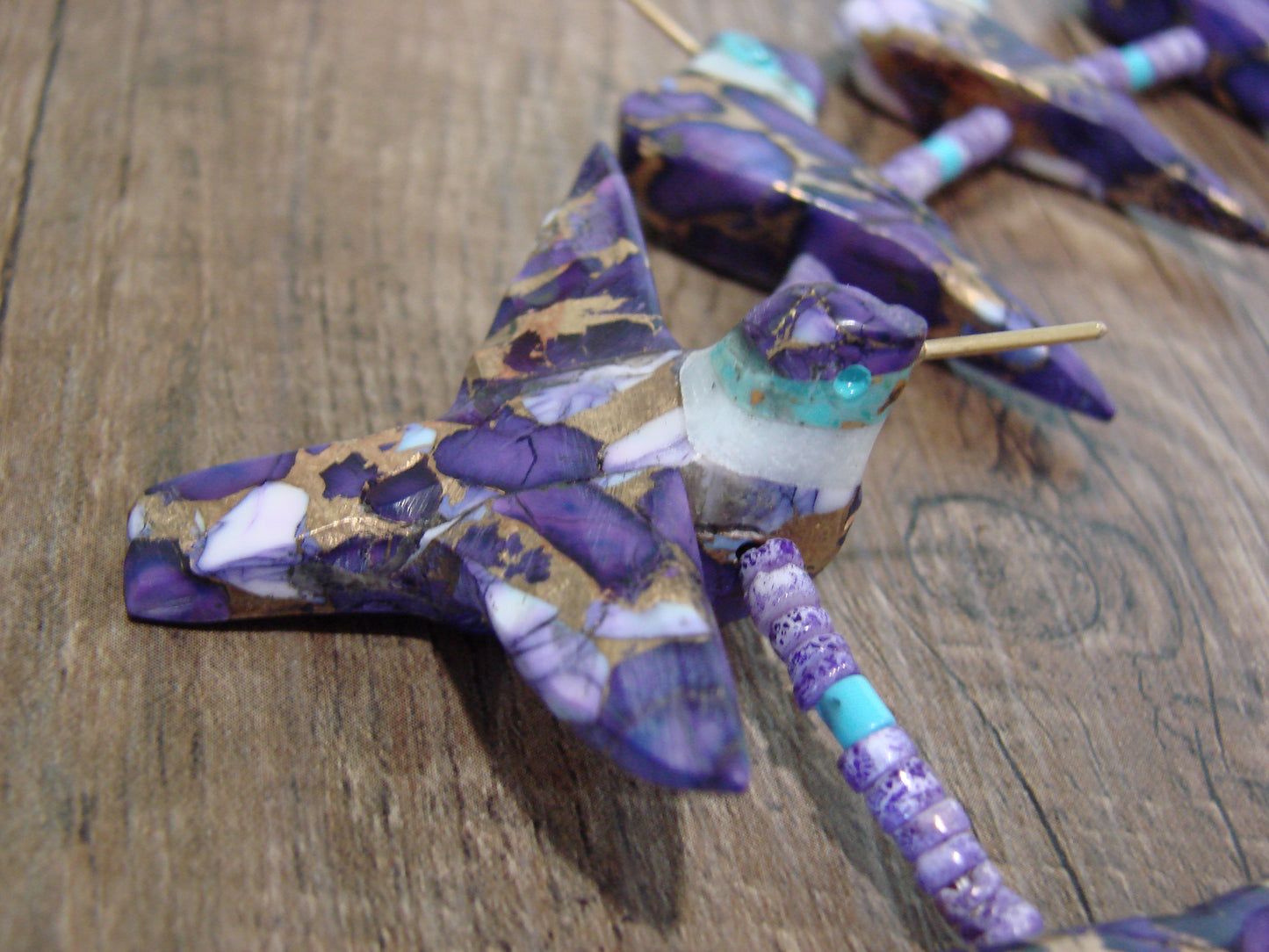 Hand Carved Bronze Purple Turquoise Aggregate  Hummingbird Fetish Necklace - Mitchell