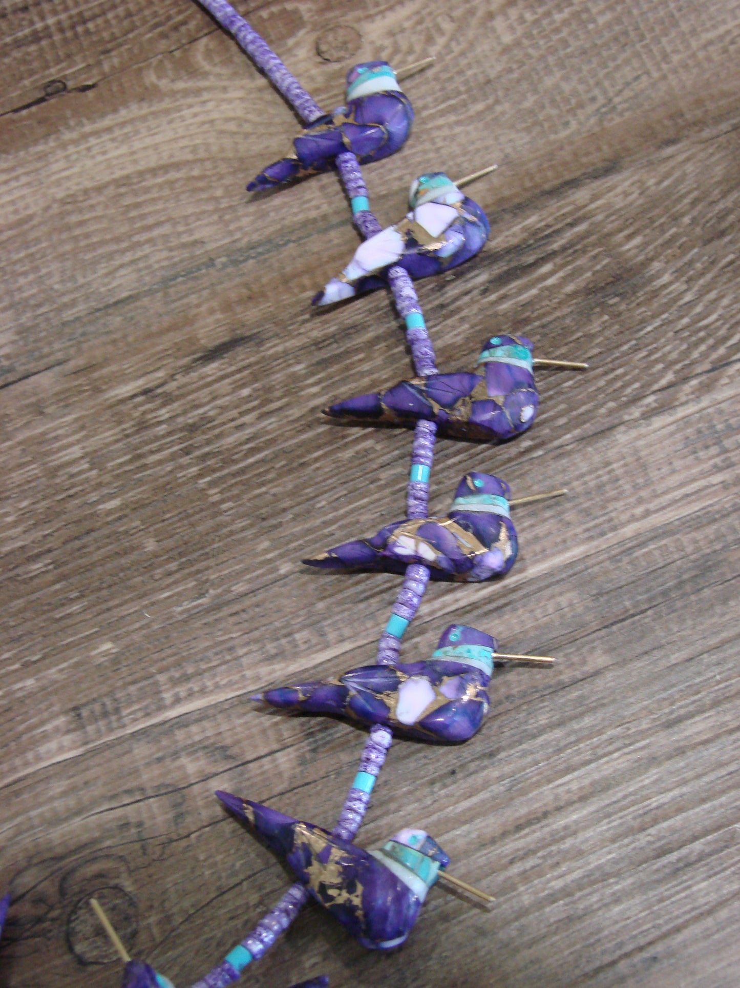 Hand Carved Bronze Purple Turquoise Aggregate  Hummingbird Fetish Necklace - Mitchell